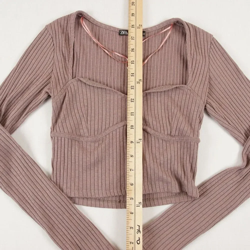 Zara Long Sleeve Brown Mauve Ribbed Long sleeve Crop Top Womens Sz S